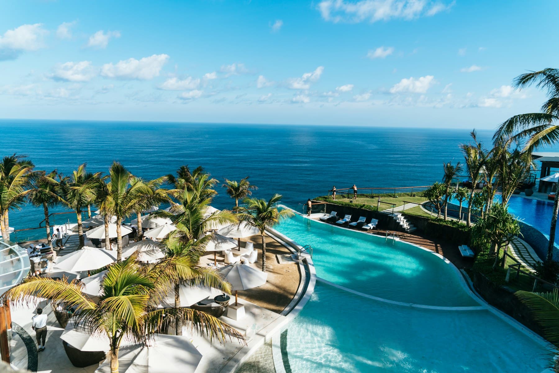 Palm-lined pool opening toward the water